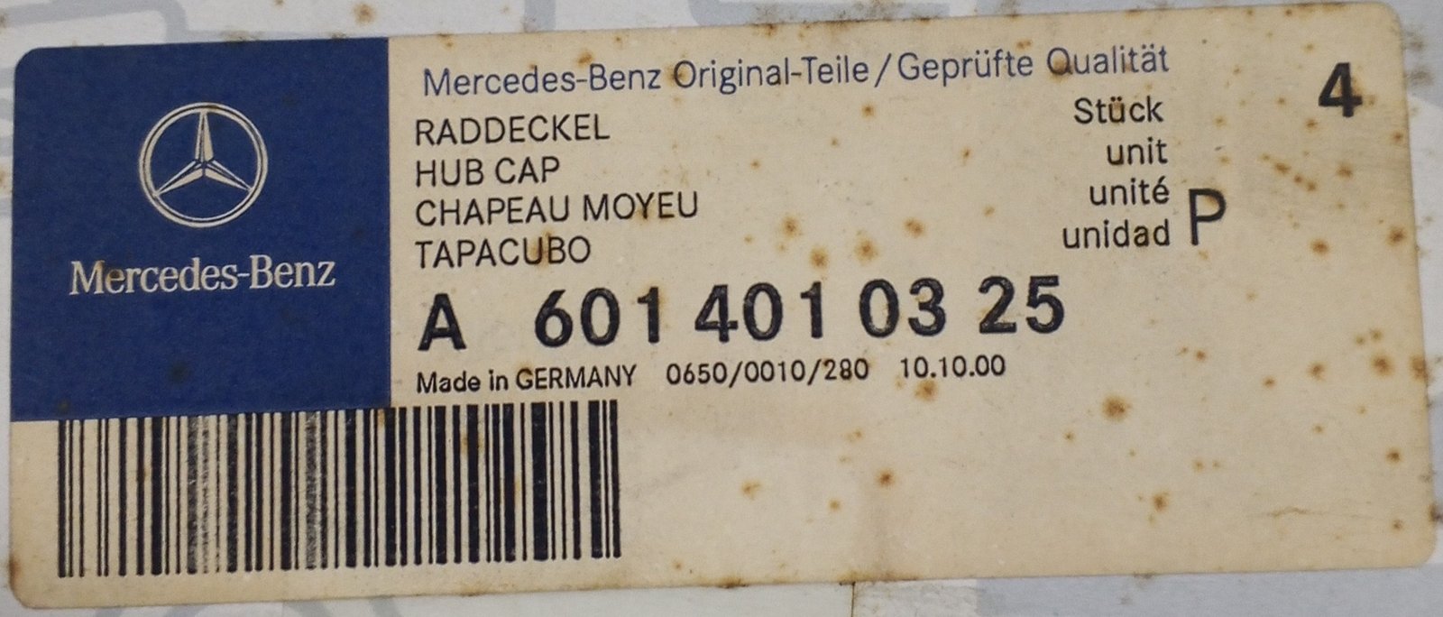 A 601 401 03 25 Mercedes Wheel Hub Cap Genuine OEM Center Cover - Image 5