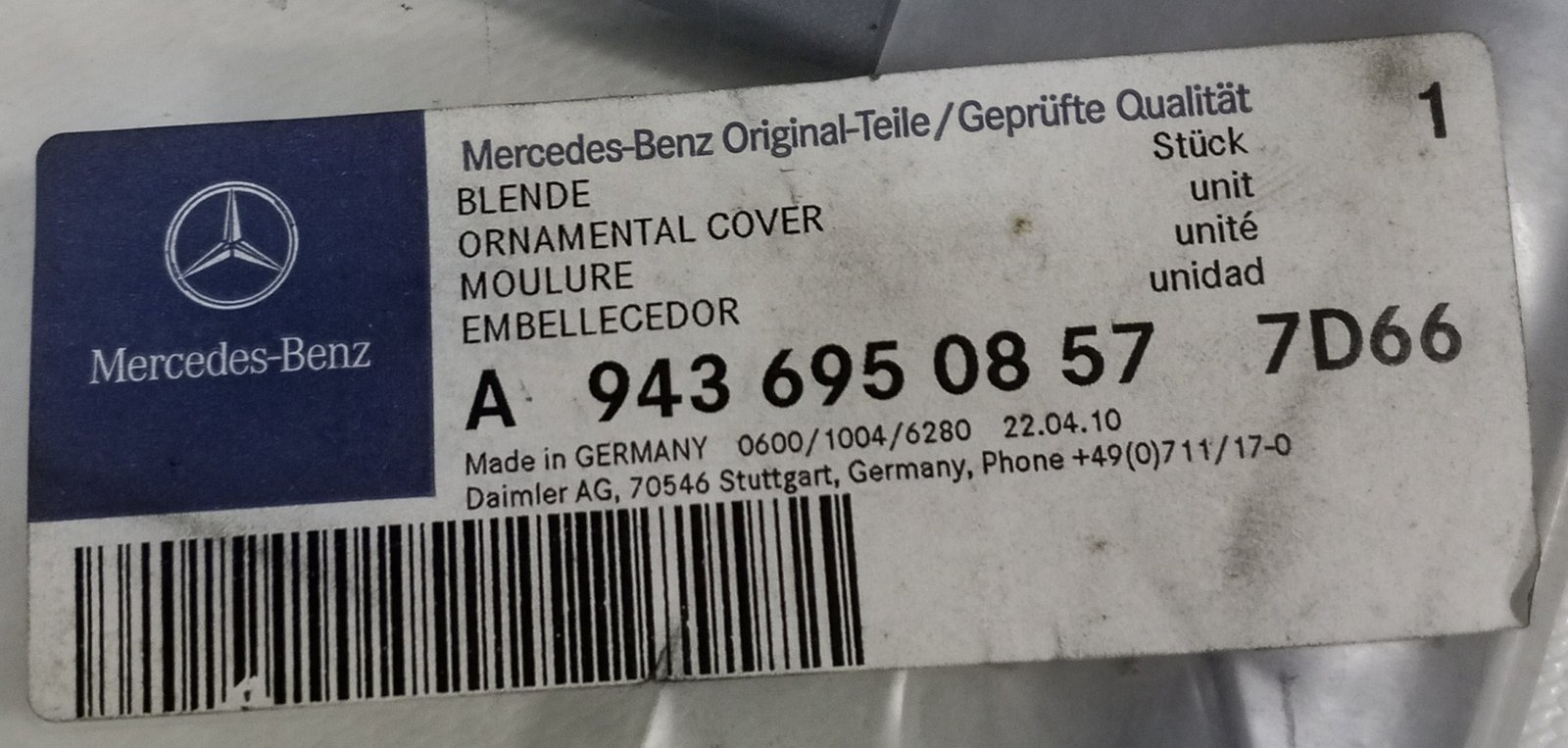 A 943 695 08 57 Mercedes-Benz Ornamental Cover Genuine OEM Truck Body Trim - Image 4