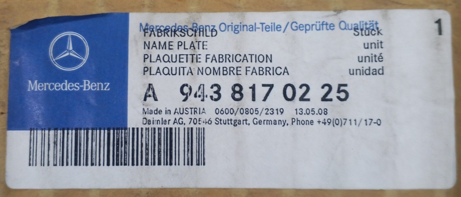 A 943 817 02 25 Mercedes-Benz Name Plate Genuine OEM Truck Identification Plate - Image 4