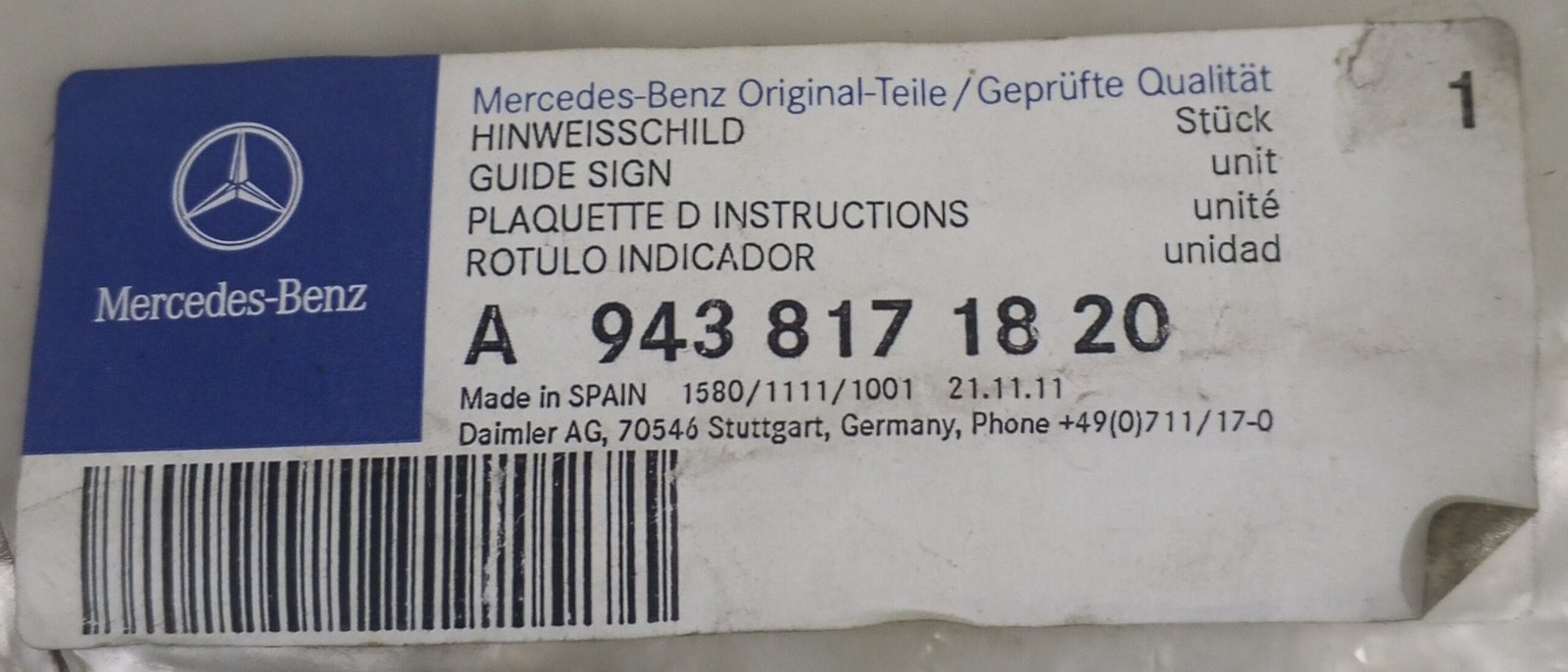 A 943 817 18 20 Mercedes-Benz Guide Sign Genuine OEM Truck Instruction Plate - Image 3