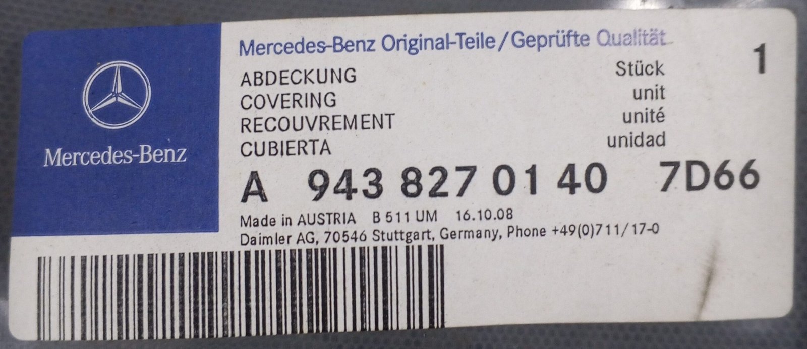 A 943 827 01 40 Mercedes-Benz Cover Genuine OEM Truck Covering - Image 4