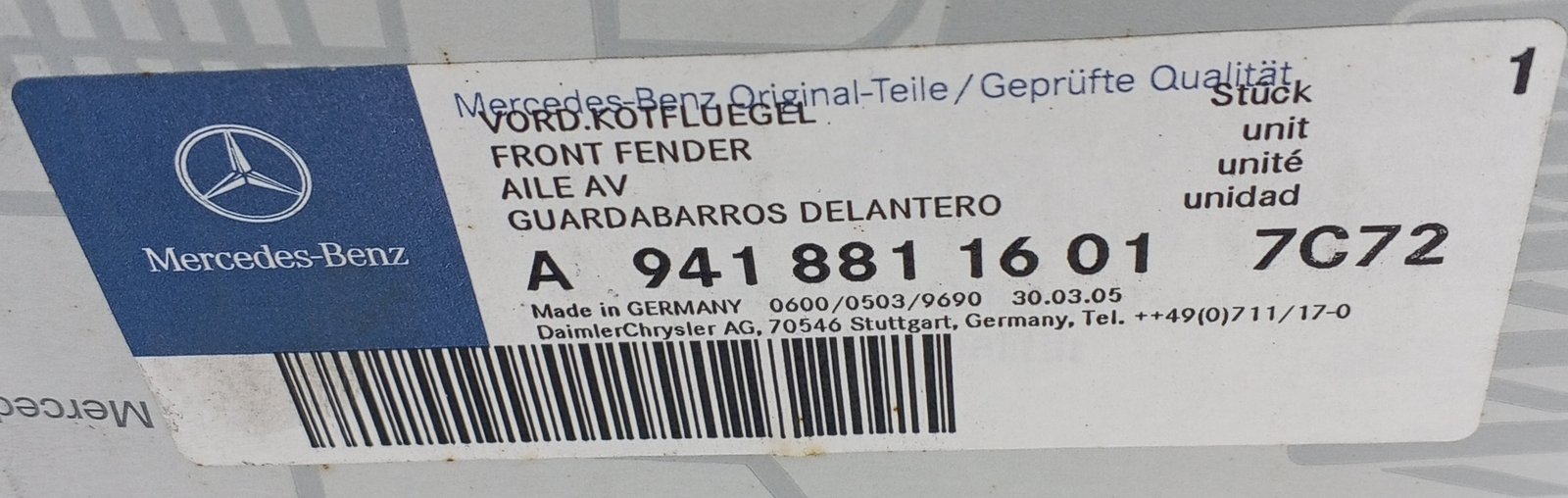 A 941 881 16 01 Mercedes Front Fender Genuine OEM Actros - Image 7