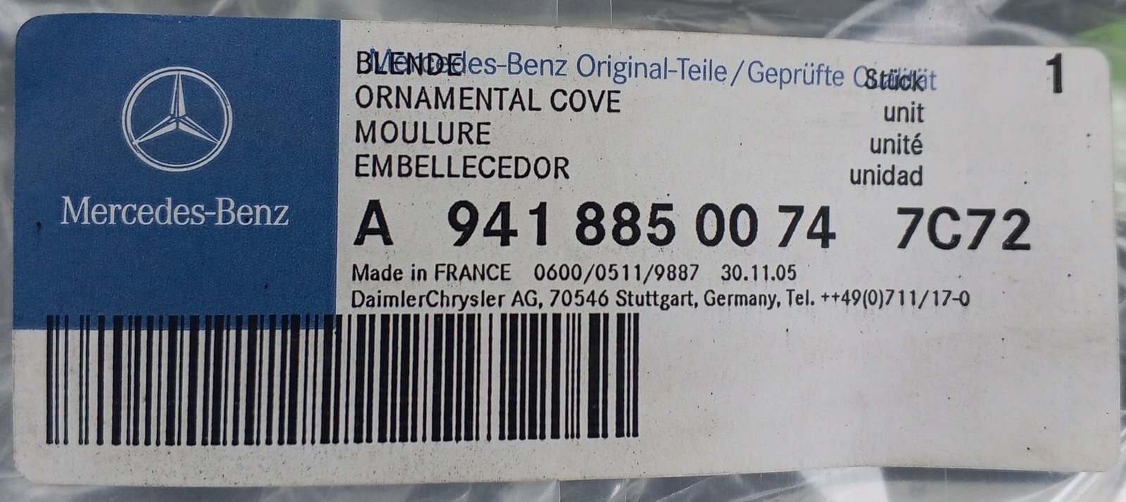 A 941 885 00 74 Mercedes Ornamental Cover Genuine OEM - Image 5