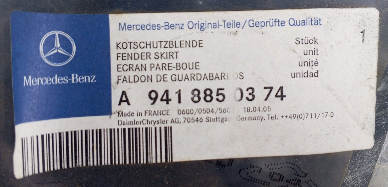 A 941 885 03 74 Mercedes Fender Skirt Genuine OEM - Image 5