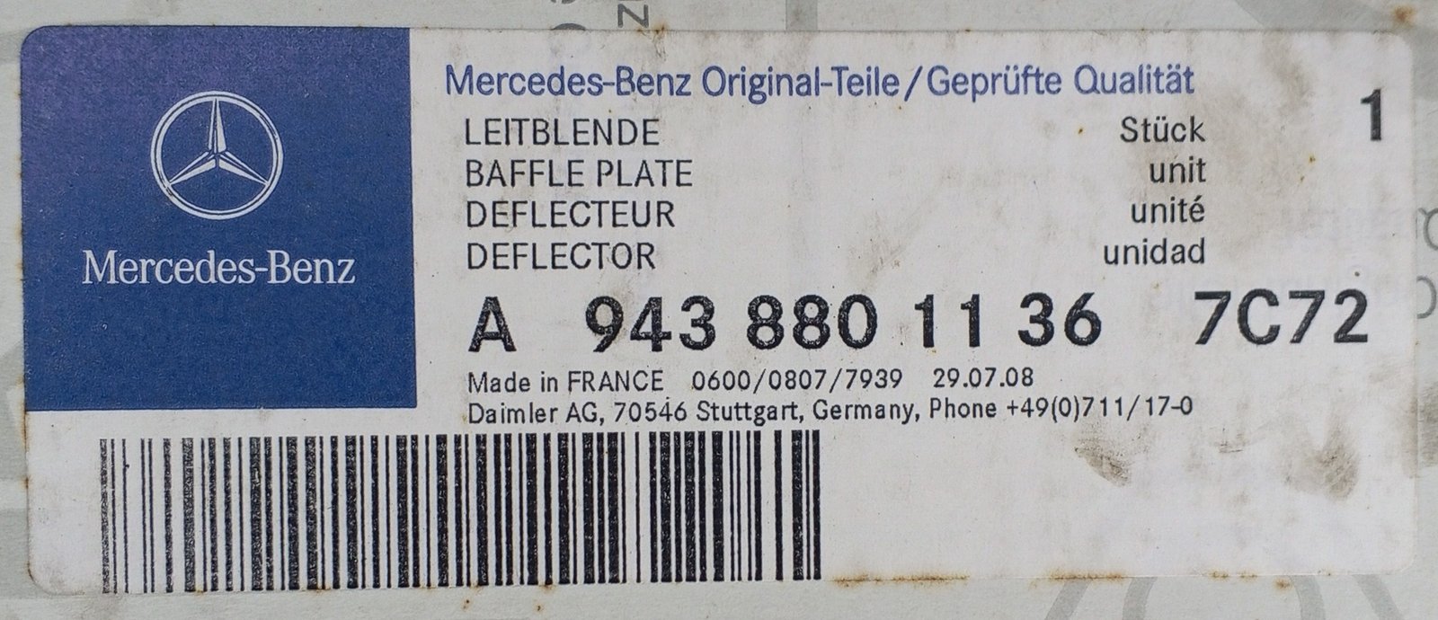 A 943 880 11 36 Mercedes Baffle Plate Genuine OEM - Image 5