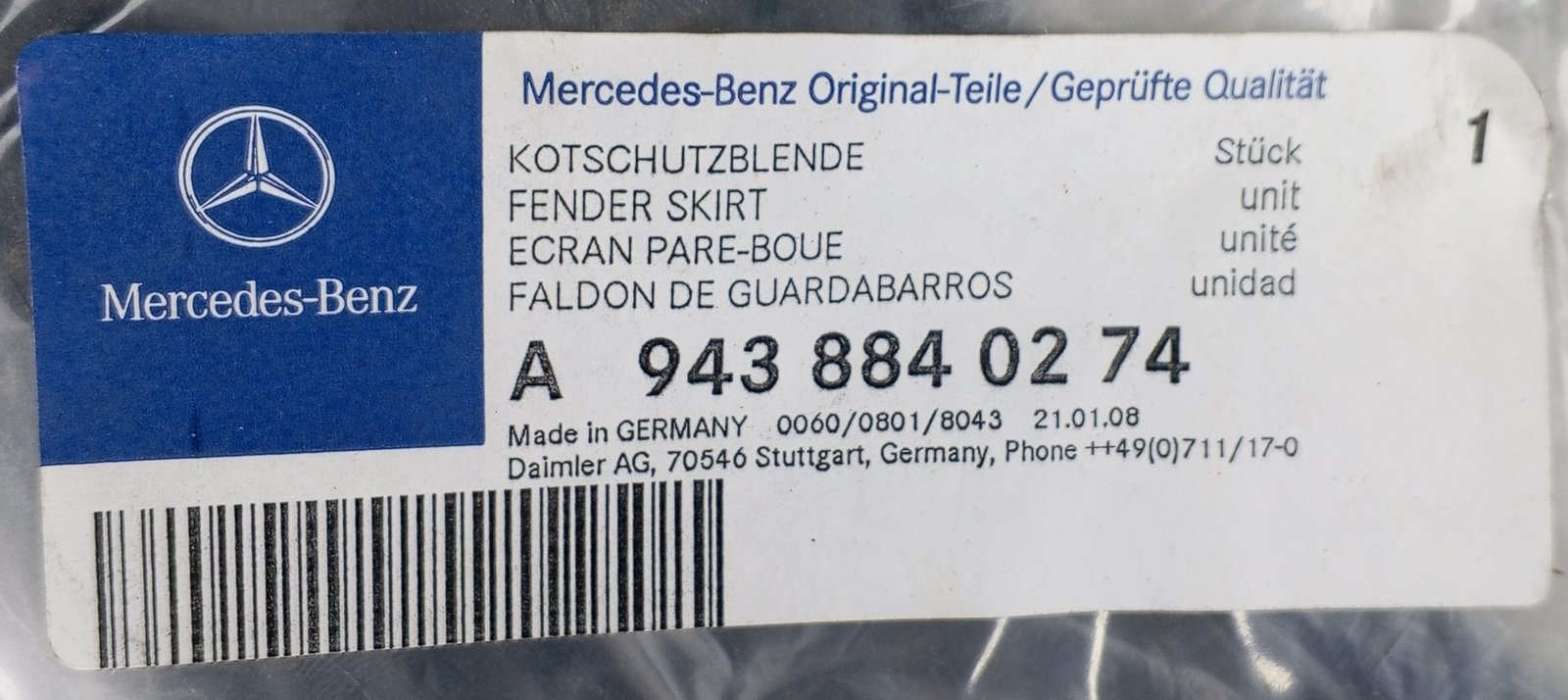A 943 884 02 74 Mercedes Fender Skirt Genuine OEM - Image 5