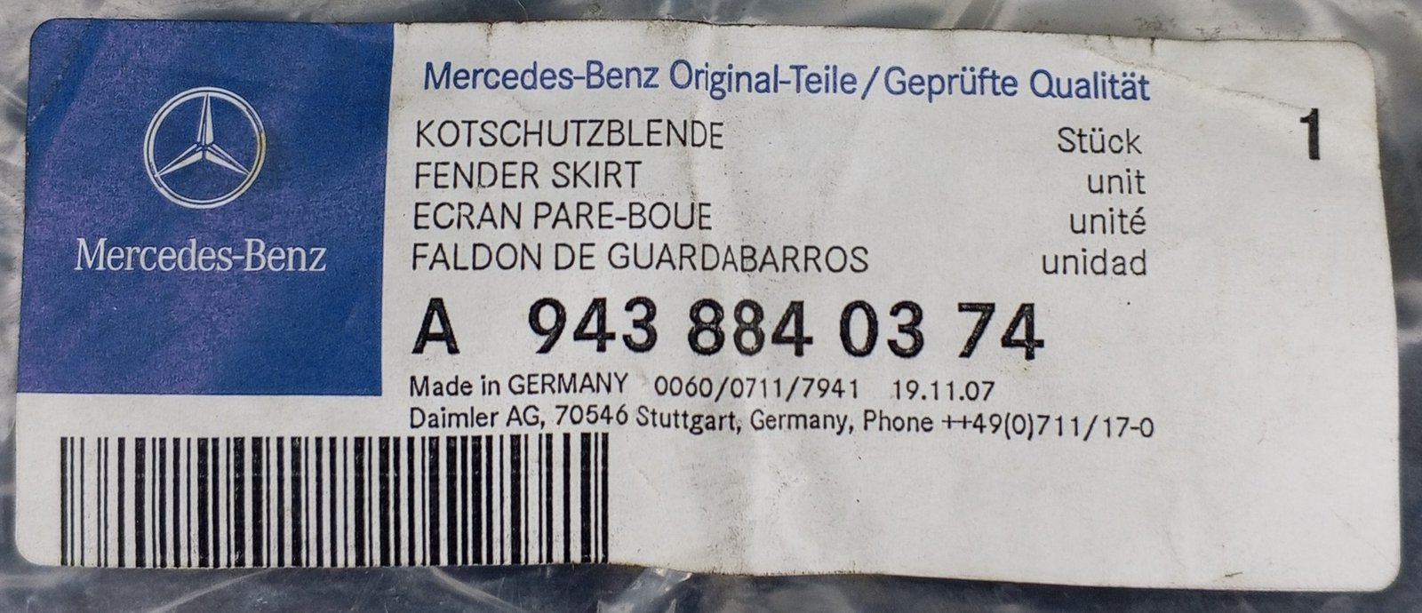 A 943 884 03 74 Mercedes Fender Skirt Genuine OEM - Image 5