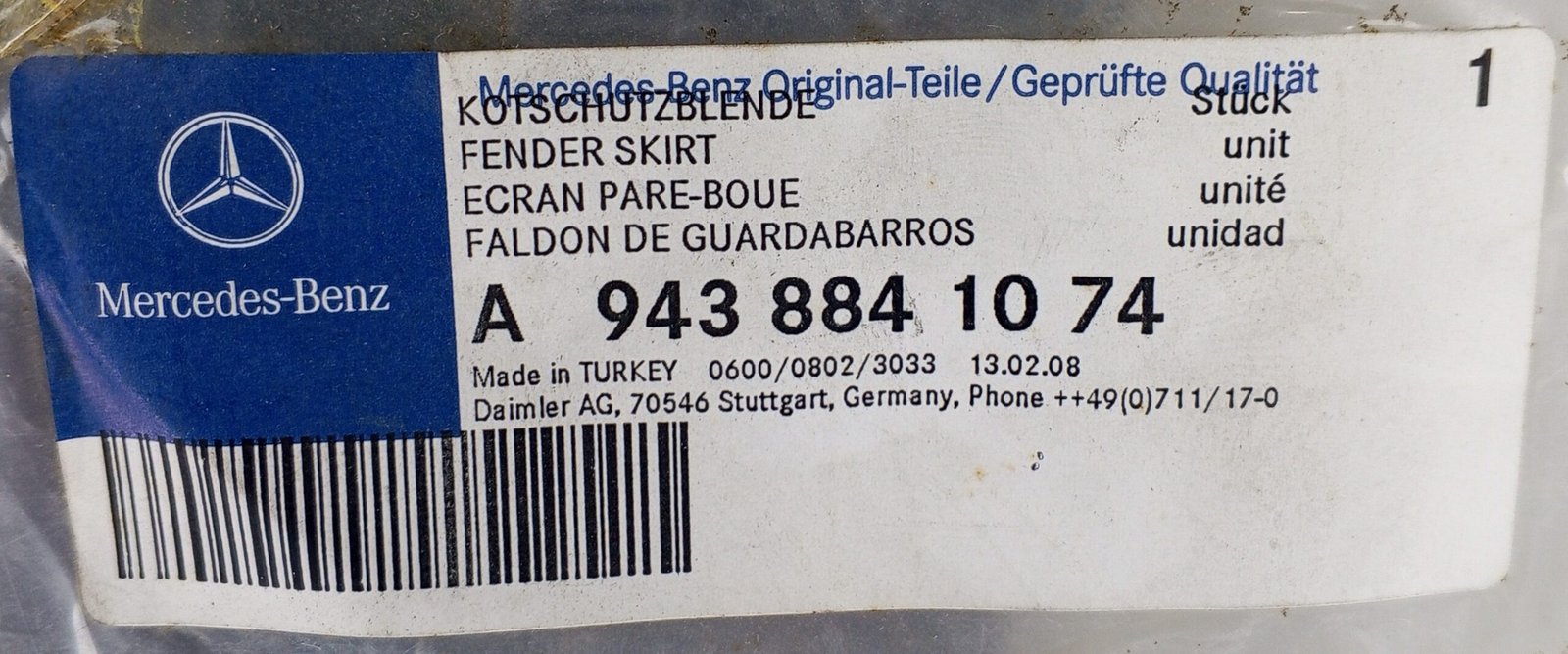 A 943 884 10 74 Mercedes Fender Skirt Genuine OEM - Image 5