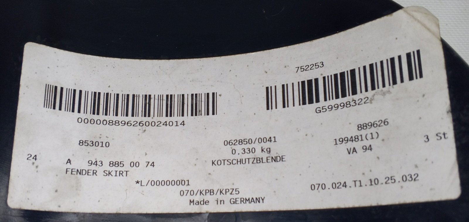 A 943 885 00 74 Mercedes Fender Skirt Genuine OEM - Image 4
