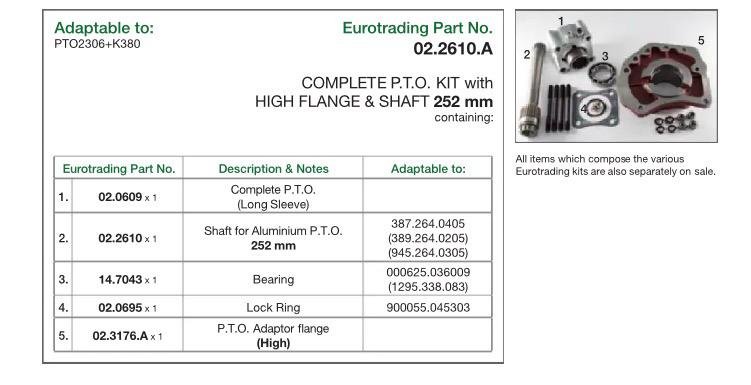 02.2610.A EUROTRADING COMPLETE P.T.O. KIT WITH HIGH FLANGE & SHAFT 252MM - Image 2